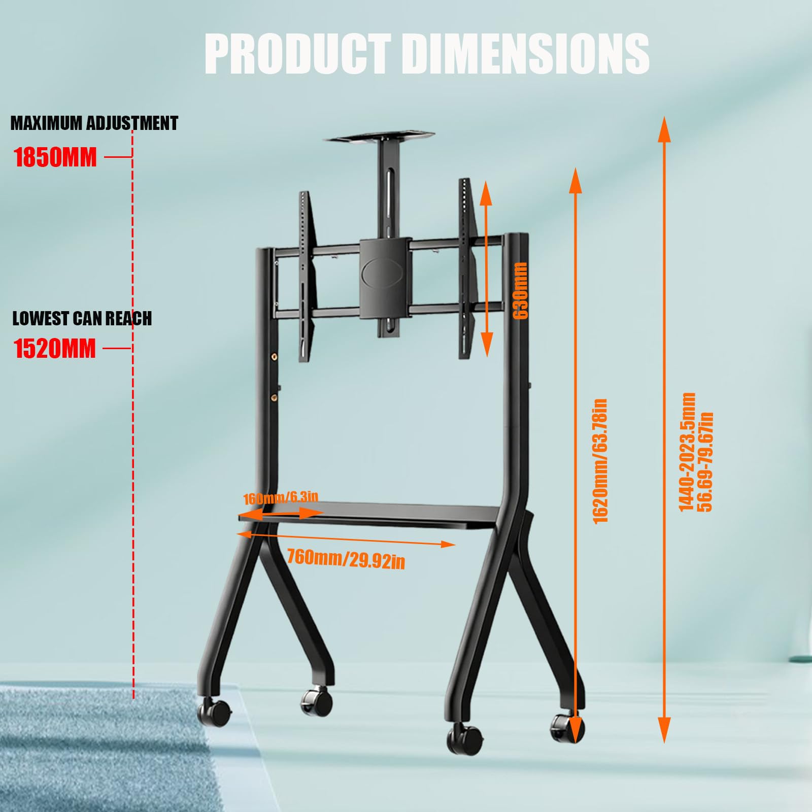 Supporto TV Portatile su Ruote con bloccaggio di Sicurezza, Base Extra Large, Perfetto per Famiglie con Bambini e Animali Domestici, Massima stabilità 42"-80"