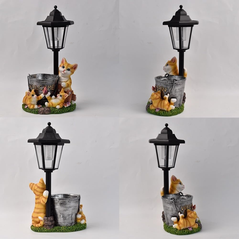 Lampada solare in resina a forma di gatto, 32 cm, crepuscolo automatico