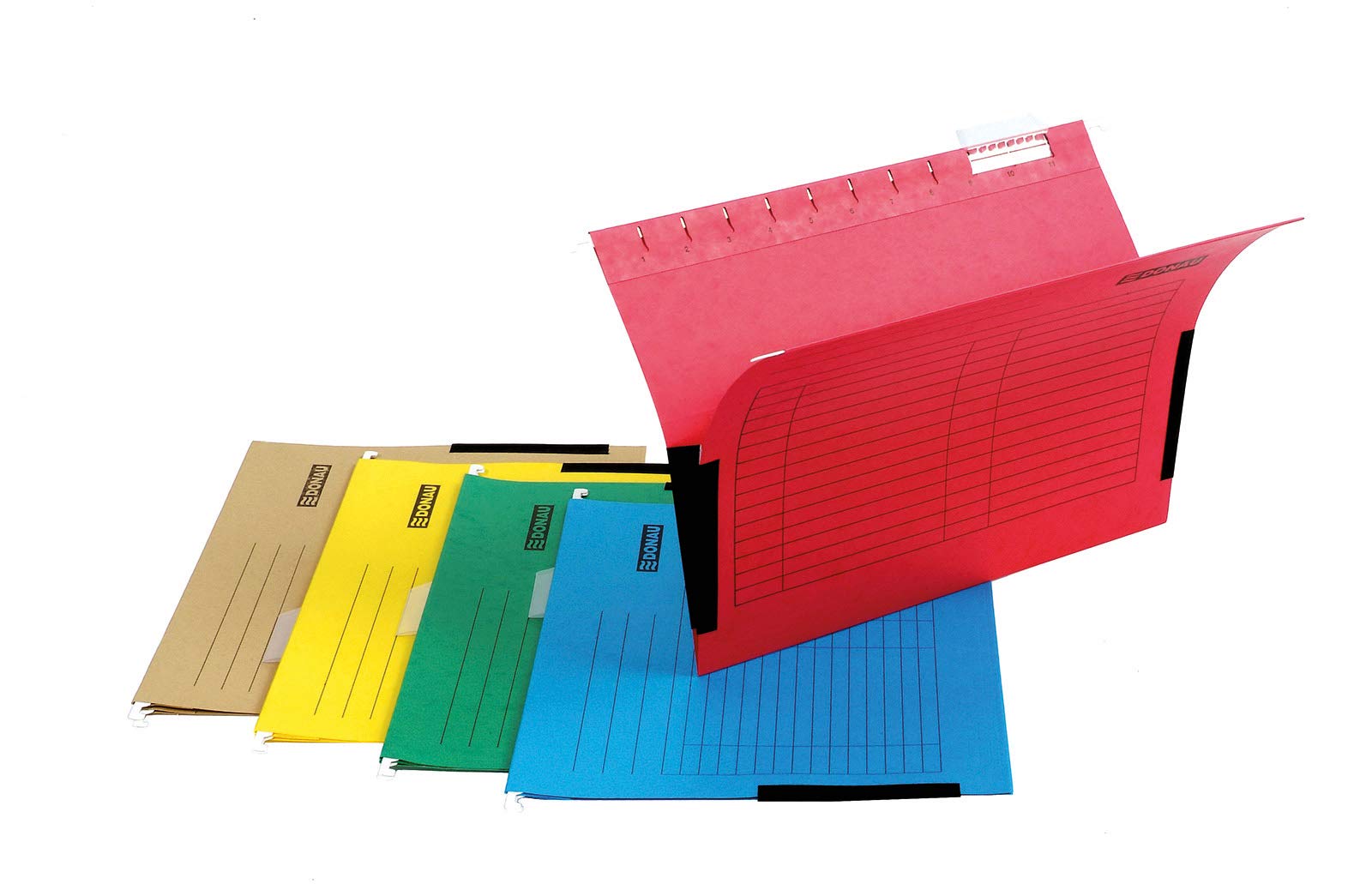 DONAU 7420905-12 torba wisząca z lnianymi żabkami, z kartonu z recyklingu 230 g/m², format DIN A4, kolor: pomarańczowy, 5 sztuk w opakowaniu, wymienne, puste tabliczki |
