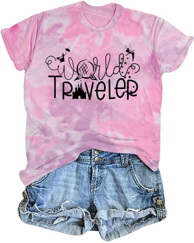 MNLYBABYWorld Traveler Shirt Women Magic Kingdom T Shirt Cute Fairy Graphic Tees Causal Short Sleeve Funny Vacation Tops