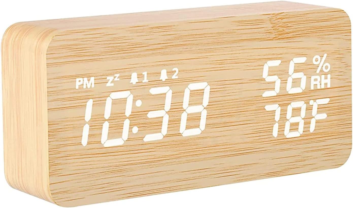 Bigfox 目覚まし時計 デジタル 置き時計 日付 温湿度表示 アラーム スヌーズ機能 11種類着信音 音量 輝度調節 音声感知 Usb給電 設定記憶 木製 おしゃれ 卓上 新築祝い 贈り物 木目調 本物保証