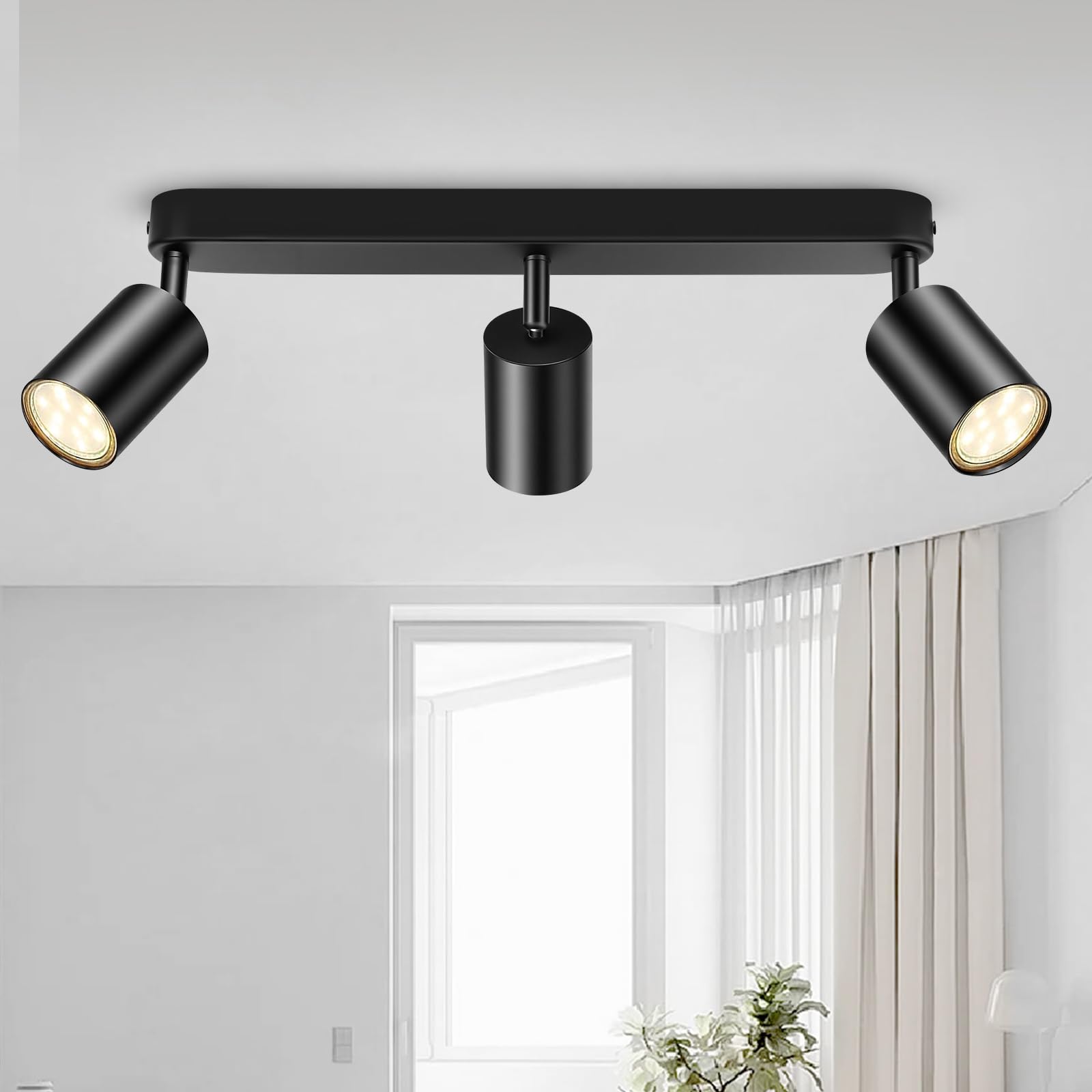 GeyouLux LED Ceiling Spotlight, 3 Bulbs, Black, 350° + 90° Swivelling Lamps, Modern GU10 Ceiling Light Spotlight, Indoor, Aluminium Ceiling Light Spotlight for Kitchen, Living Room (Bulb Not Included)