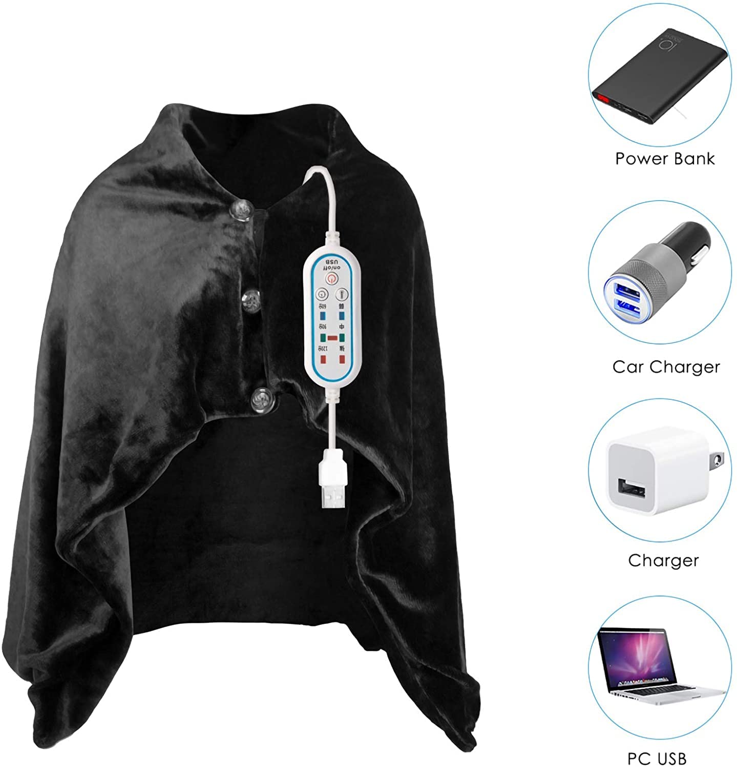 Manta eléctrica de felpa USB con 3 niveles de calor 3 ajustes de temporizador, capa cálida para hombros y cuello, color negro