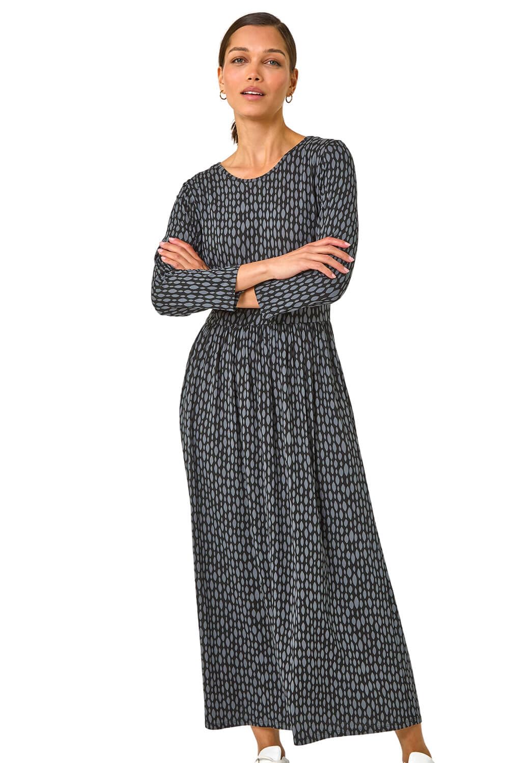 Roman Women's Grey Geometric Pocket Stretch Midi Dress In | Size: 10