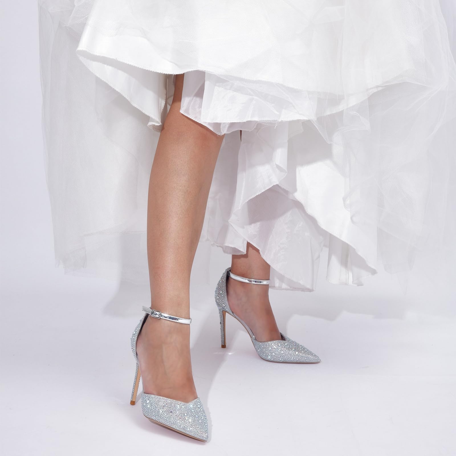 Zhabtuc Strass Pumps für Damen Glitzer Knöchelriemen Stiletto Heels 10 cm/3,94 Inches Funkelnde Spitze Absatzschuhe Party Hochzeit Heels Brautschuhe Glänzende Stöckelschuhe