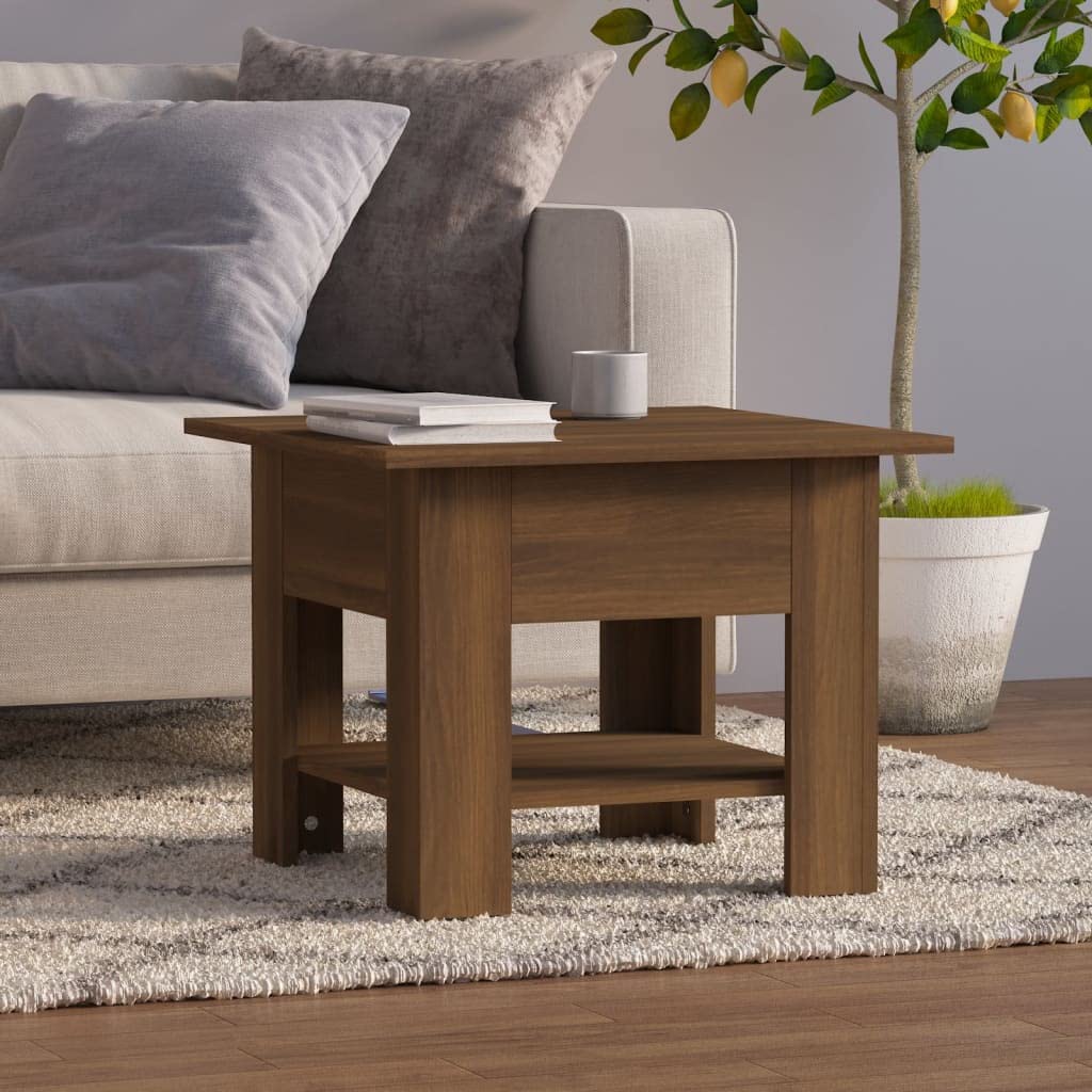 Mesa de centro en aspecto roble marrón, 55 x 55 x 42 cm, de material de madera, con estante, para salón y mobiliario moderno, fácil de limpiar