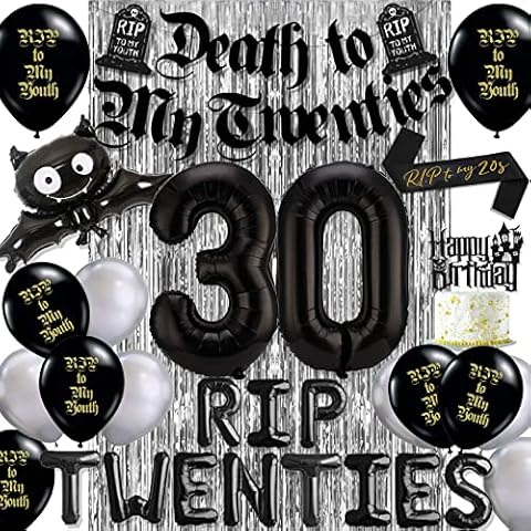 30th Birthday Decorations for Him, Cefanty Death to My 20s Decorations with Black White Balloons, Banner, Birthday Cake Toppers and Rip to My 20s Sash Cover