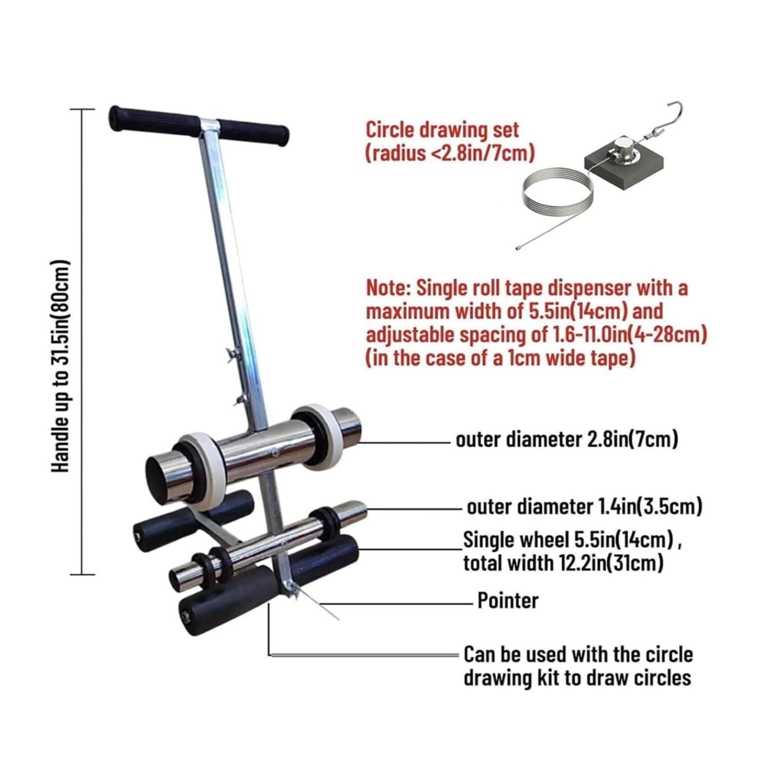 Machine à coller le ruban adhésif - Applicateur de sol à pousser à la main avec distance réglable de 4 à 28 cm, parfait pour les terrains d'asphalte, béton et de basket-ball, comprend un kit de cercle
