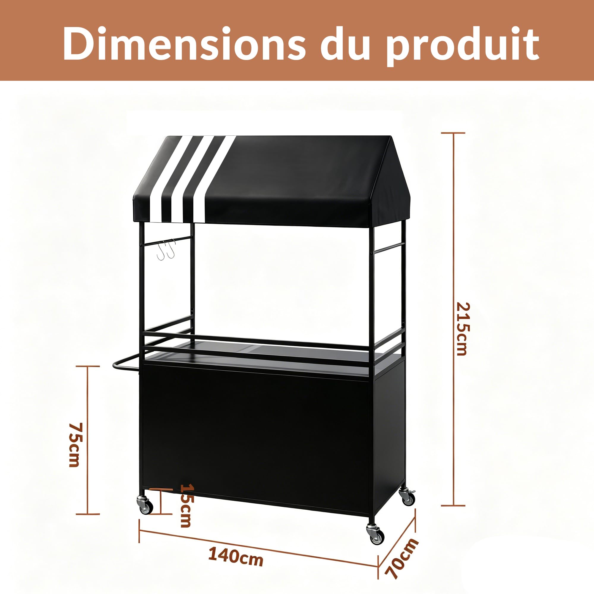 Chariot de Vente Portable avec auvent, Chariots Alimentaires Mobiles avec Roues verrouillables, présentoir de Rue Robuste de 215 cm de Haut pour événements intérieurs et extérieurs