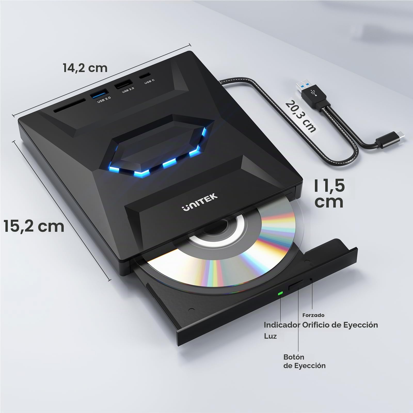 Unitek Unidad externa de CD y DVD,USB C portátil CD/DVD +/-RW,reproductor de DVD con lector de tarjetas SD,USB 3.0, USB C,grabadora de CD ROM compatible con laptop,PC,Windows,Linux,OS, Surface (Negro)
