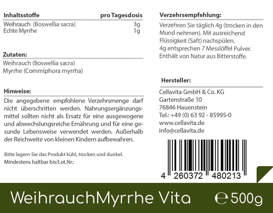 Cellavita – Weihrauch (Boswellia Sacra) & Myrrhe (Commiphora Myrrha) Vita traditionelles Nahrungsergänzungsmittel – Vorratsspackung 500g im Beutel – Hochwertiges pflanzliches Naturprodukt ohne Zusätze