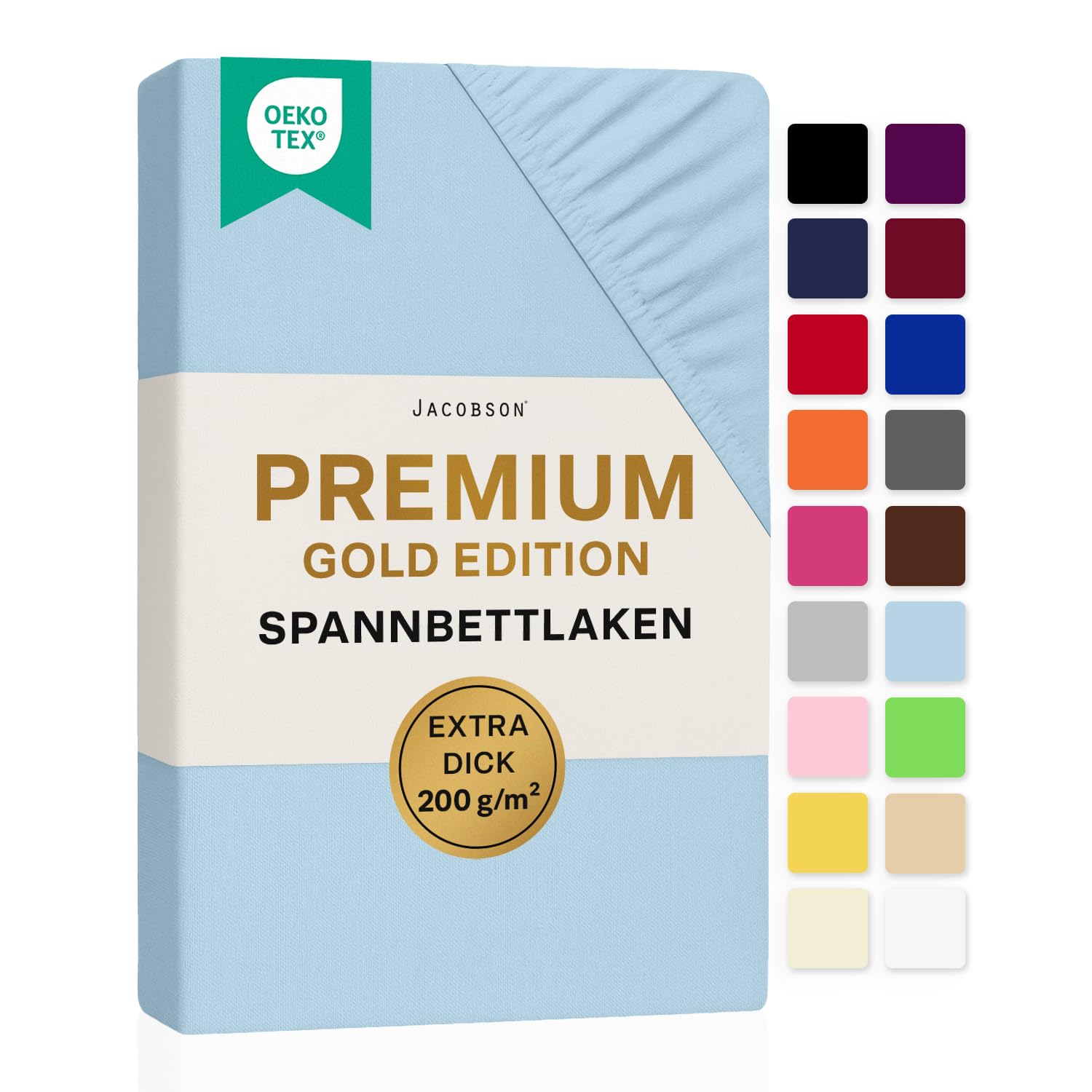 Jacobson Premium Spannbettlaken 200 g/m² Jersey Baumwolle mit Elasthan (90x200-100x200 cm, Hellblau)