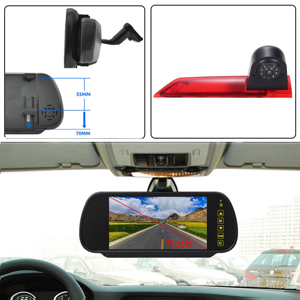 7-calowy samochodowy wyświetlacz lusterka wstecznego, monitor wspomagający parkowanie + HD lampka hamowania, kamera cofania, zamiennik do Ford Transit Custom 2012-2016, Transporter Business MPV SUV