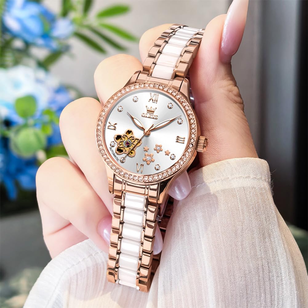OLEVS Orologio automatico da donna, lussuoso, con diamanti, orologio da donna a carica automatica, cinturino in ceramica, impermeabile, set con bracciale e orologio da donna