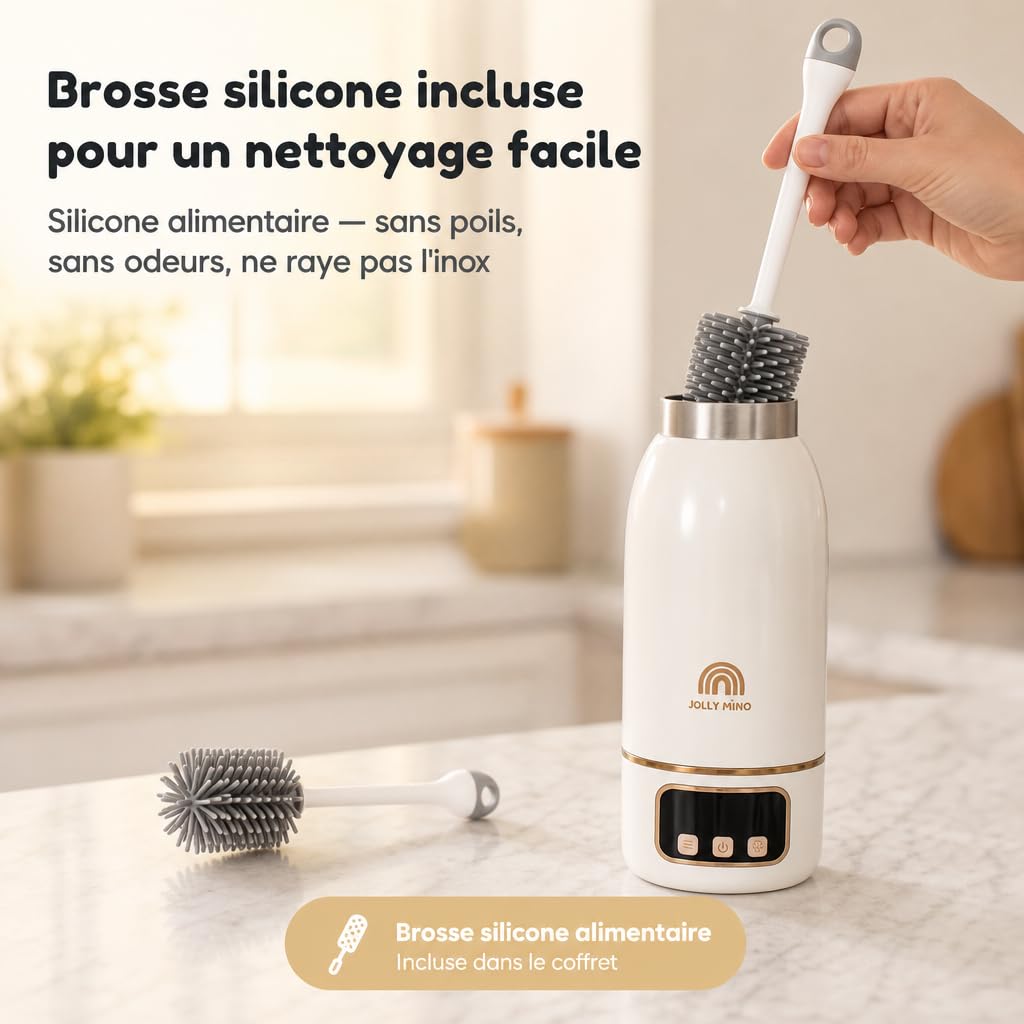 Chauffe biberon Nomade Portable Sans Fil 500 ml, Inox, Chauffe Lait Maternel & Eau, Auto-Pasteurisation, Voyage Voiture Nuit, Brosse Silicone Incluse