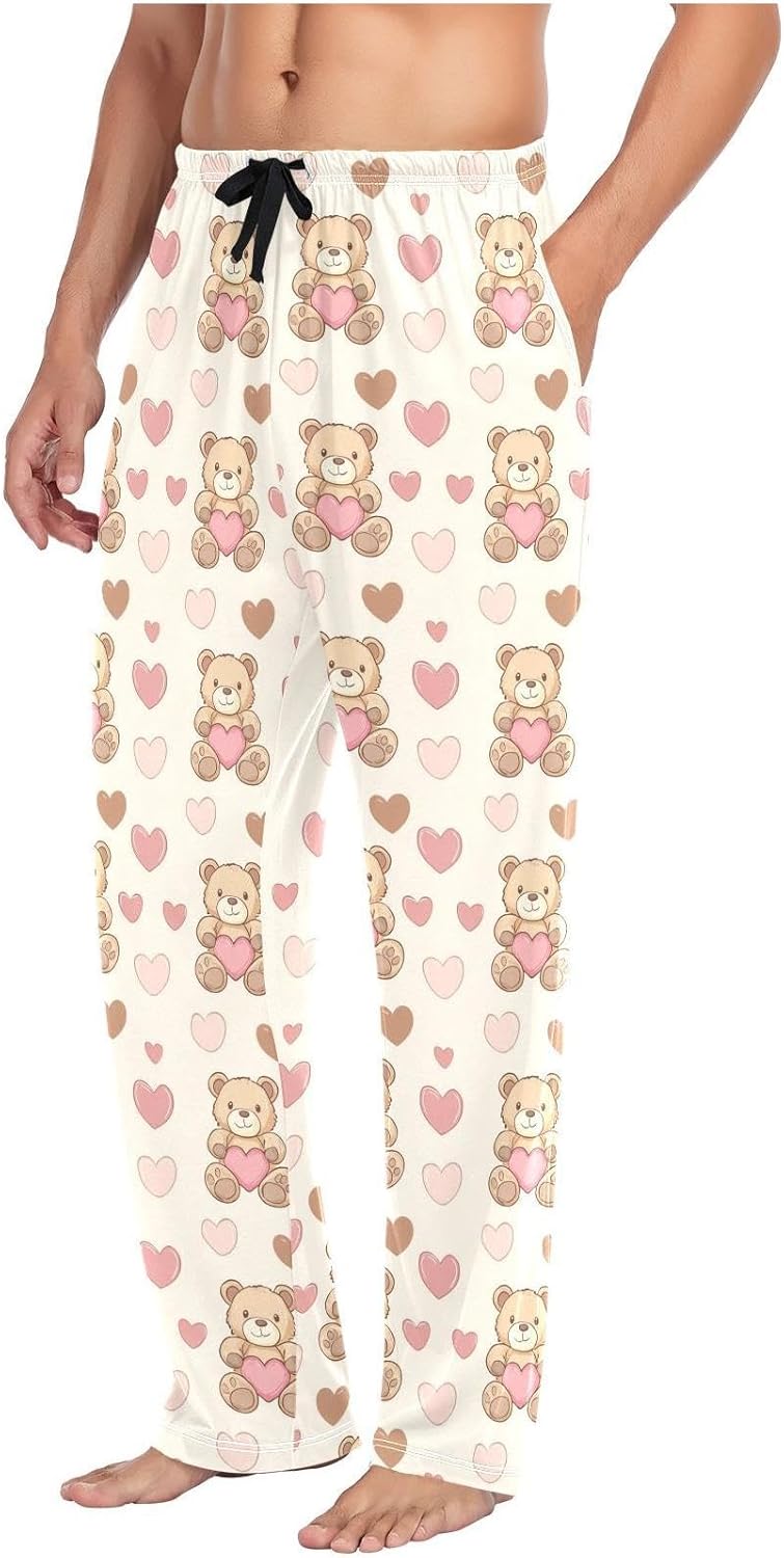 ZZKKO Pajamas Pants for Men Cartoon Bears Hearts Men's Pajama Bottoms Cotton PJ Pants for Mens S