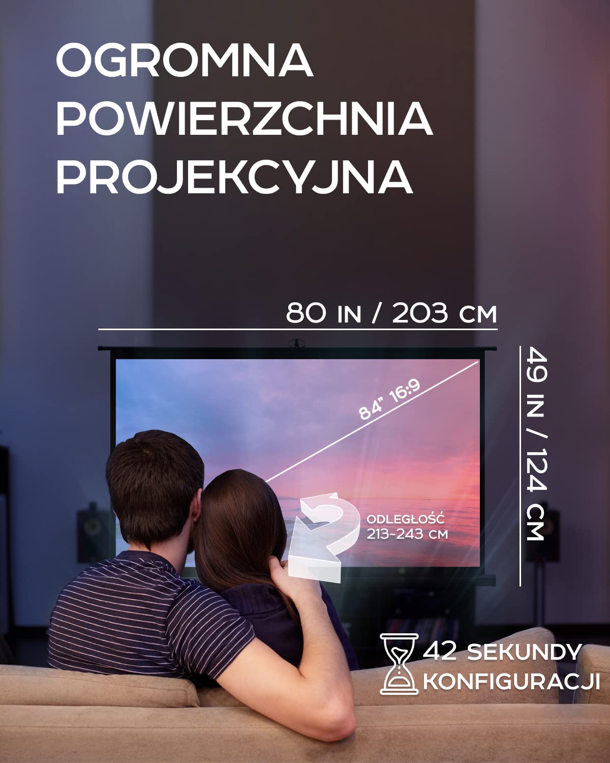 PropVue Ekran projektorowy z podstawą 84" - Ekran projekcyjny do wewnątrz i na zewnątrz do prezentacji filmowej lub biurowej - 16:9 HD Premium bez zmarszczek z statywem i mocnym paskiem, z torbą