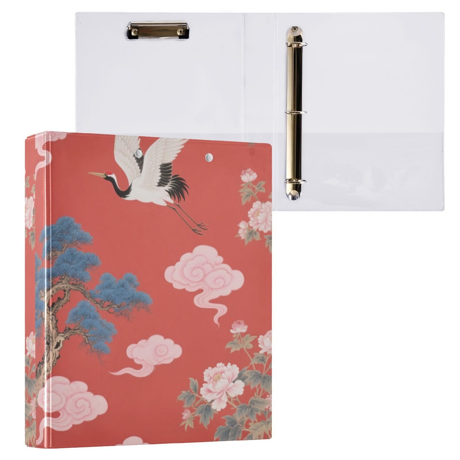 Raccoglitore giapponese Red Cloud Crane da 1 e mezzo di pollice con anelli a D per quaderni con tasche interne, confezione da 2 forniture per ufficio, 200 fogli