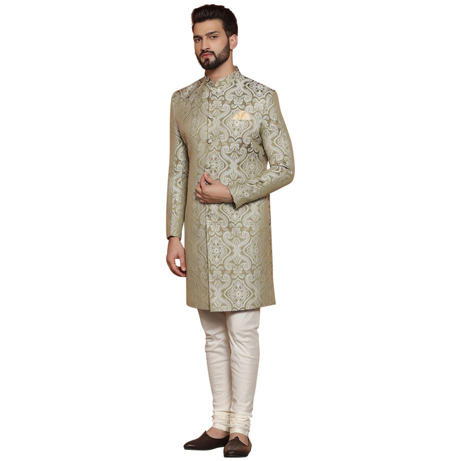 Men's Ethnic Wear Silk Blend Woven Design Regular Fit Olive Indo-Western Sherwani Set Indo-Western