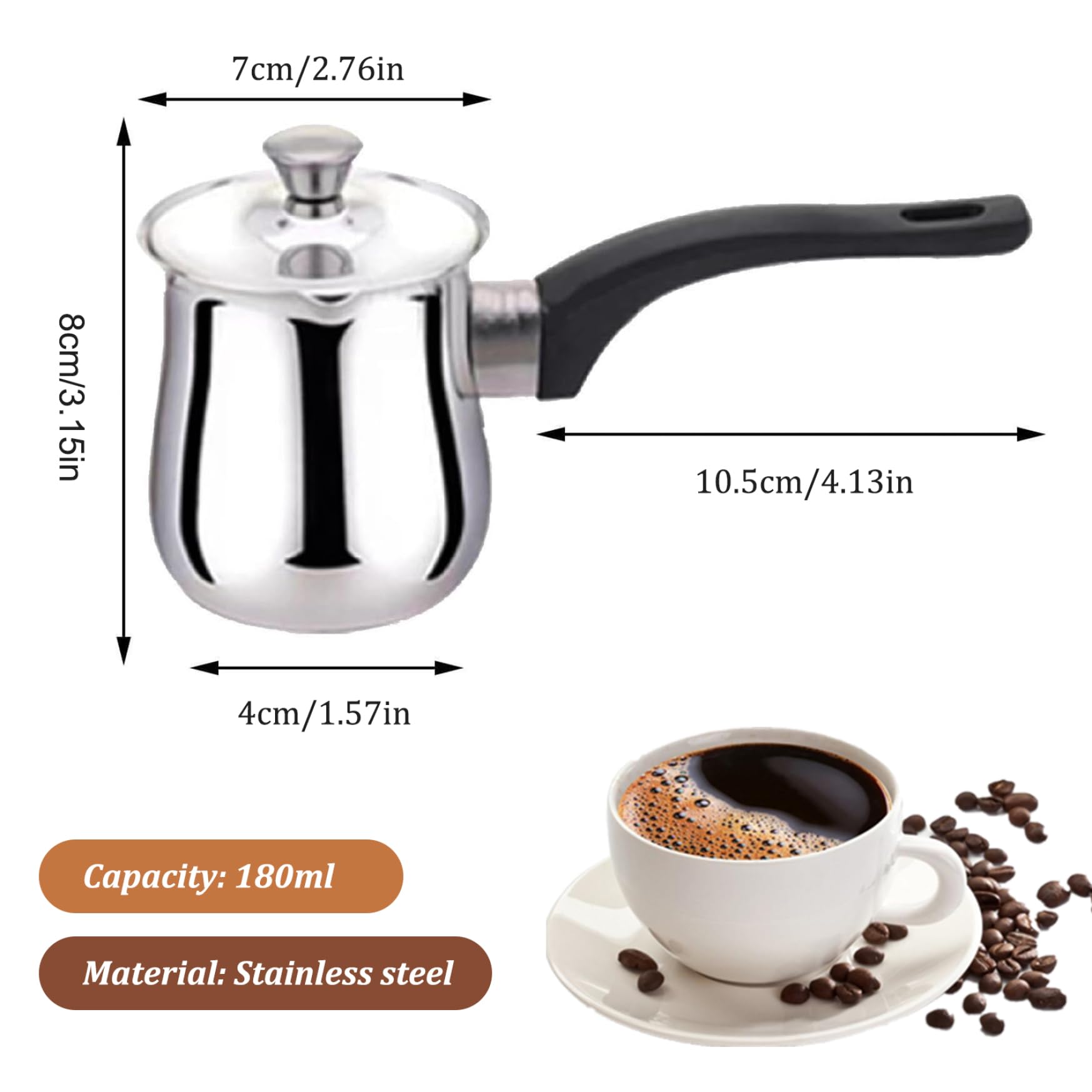 Milchkanne, 180 ml, türkische Kaffeekanne aus Edelstahl mit verbrühungssicherem Griff, einfach zu verwendender arabischer Kaffee mit Deckel für Milchschokoladen-Butterkäse