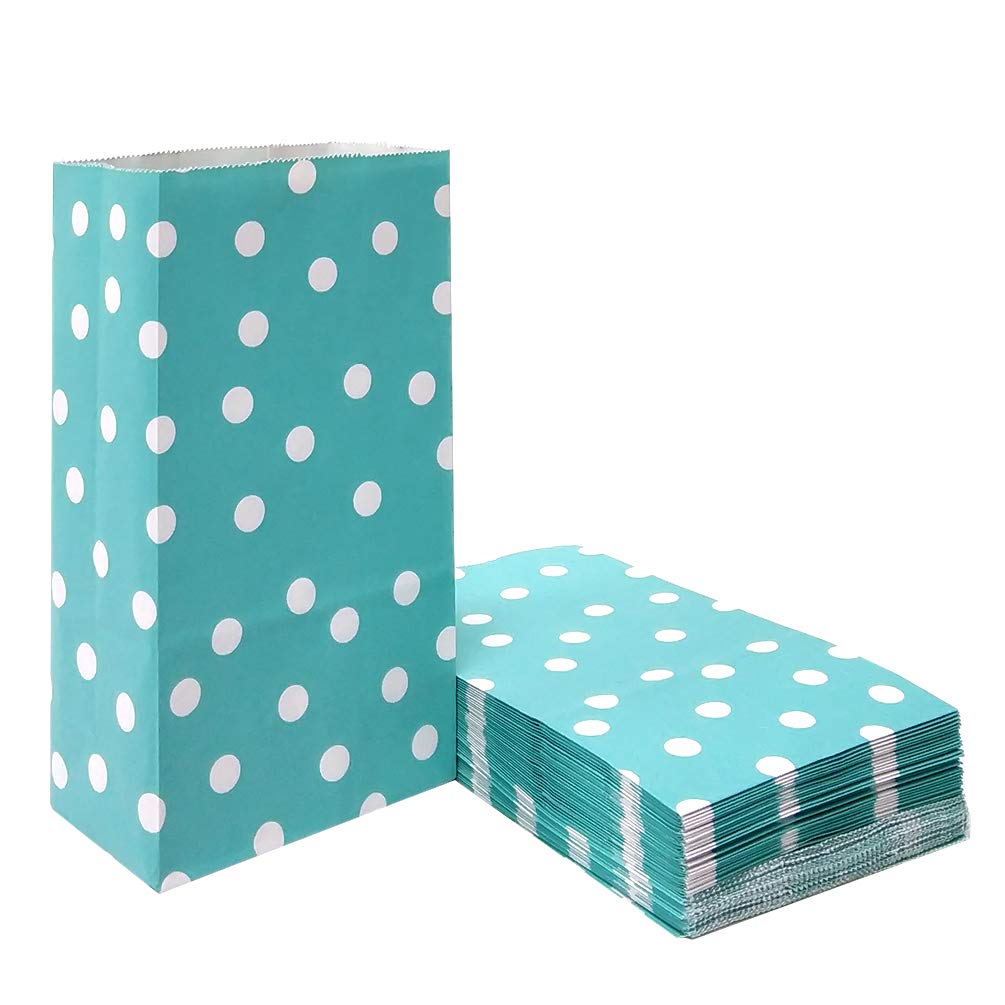 ADIDO EVA 100 Pcs Teal Blue Polka Dot Paper Lunch Bags - 5.1 x 3.1 x 9.4 in - Perfect for Snack, Nuts, Goodies, Treats - Ideal for Kids' Birthday &