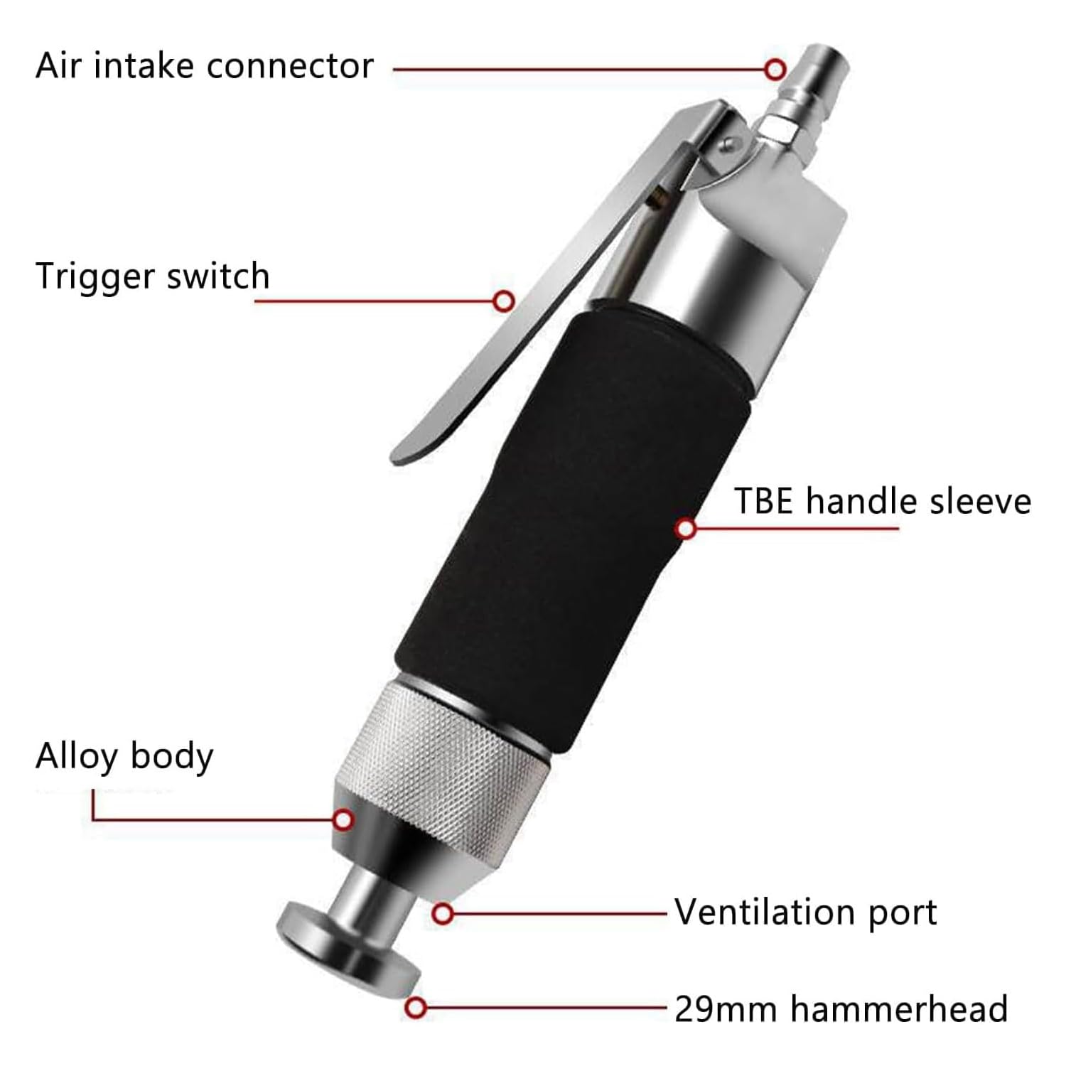 Martillo neumático, herramienta de aire industrial de alta frecuencia, cabeza de 29 mm, 5500 RPM para aplicaciones de cuero, textil, calzado, tuberías de acero