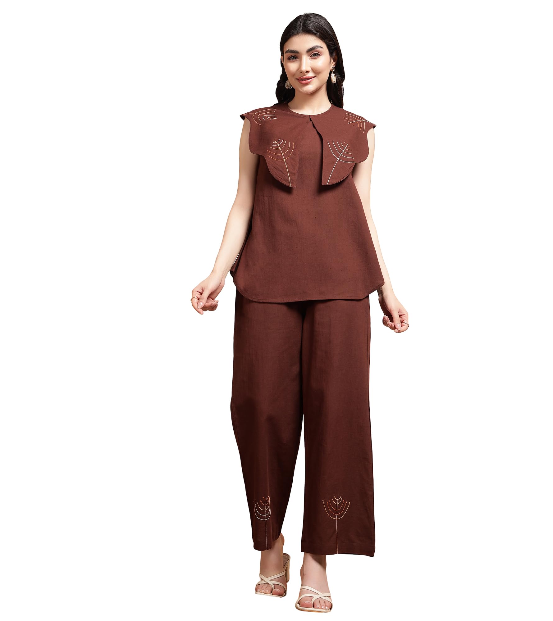 Solid Embroidered Cotton Top & Pants Co-ord Set for Women's|Sleeveless Round Neck Relaxed Fit Stylish Summer Western Casual Wear Ladies Trendy Cord Set