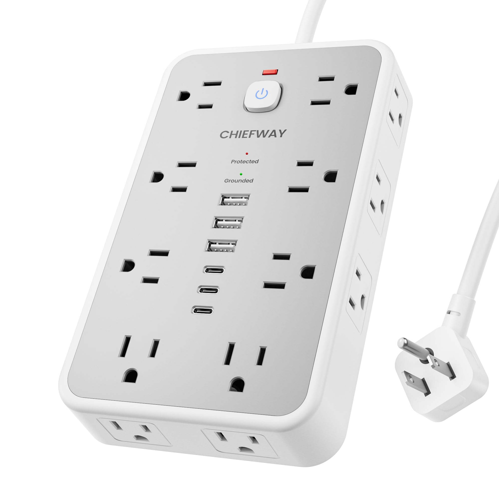 서지 프로텍터 파워 스트립, 1.8m(6피트) 플랫 플러그 연장 코드, USB 포트 6개(USB C 3개), 넓은 간격의 콘센트 16개, 4면 콘센트 익스텐더, 2400J, 1875W/15A, 홈 오피스 기숙사 방 게임용