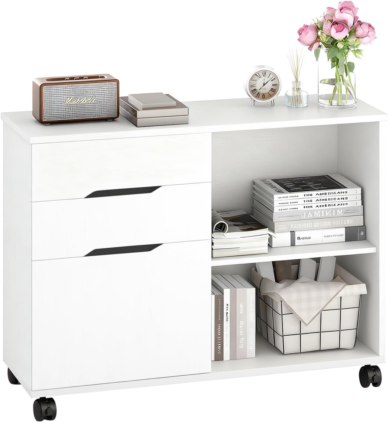 FDW 3 Drawer Lateral File Cabinet Mobile File Cabinet with Open Storage Shelves Office Printer Stand & Under-Desk Organizer with Wheels for Home Office,White