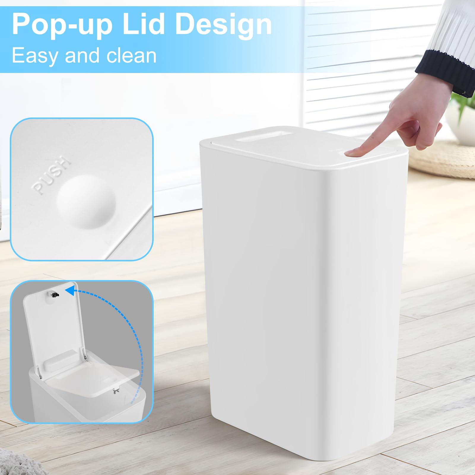 Anzoymx Bathroom Trash Cans with Lids 2.6 Gallon 2 Pack Kitchen Garbage Can with Pop Up Lid, Small Narrow Waste Basket Dog Proof for Bathroom Kitchen Bedroom Living Room and Office White