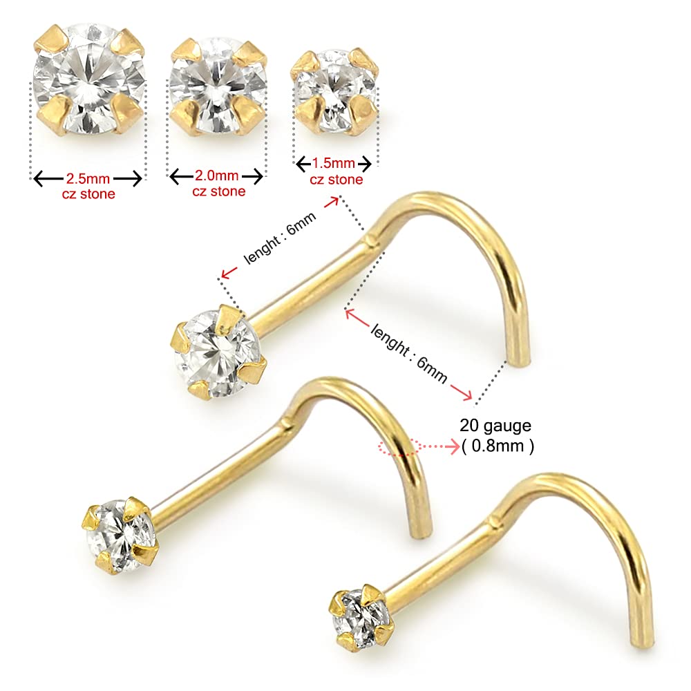 Monster Piercing | 9K Gold Echtgold | Nasenpiercing Nasenstecker Stud | Kristallstein | Stabstärke: 20G (0,8 mm) | Stablänge: 7mm | Steingröße: 1,5mm bis 2,5mm | Hypoallergen