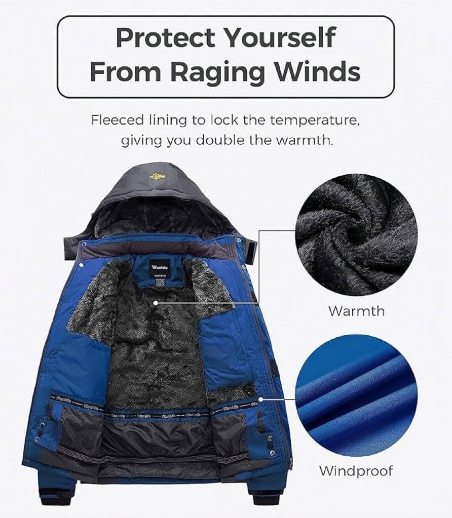 Wantdo Giacca da Sci Montagna Calda Invernale Parka da Neve Imbottita Cappotto da Snowboard in Pile Giubbotto con Cappuccio Impermeabile Uomo