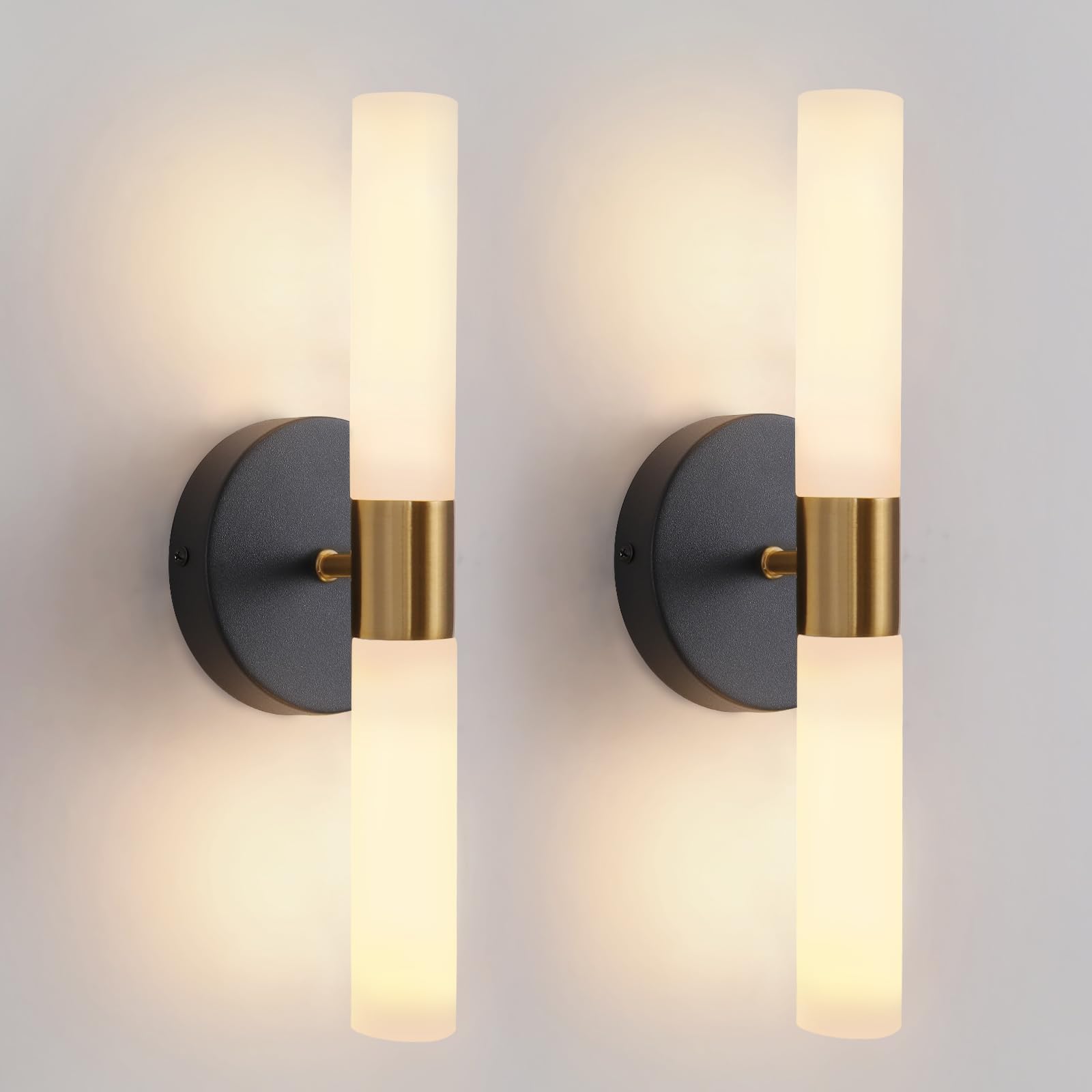 KUZZULL Wall Sconces Set of Two Black and Brass Gold Wall Lamp Sconces Wall Lighting with White Glass Wall Lights Wall Light Sconces Wall Decor Set of 2 for Living Room Wall Scones, Wall Lights
