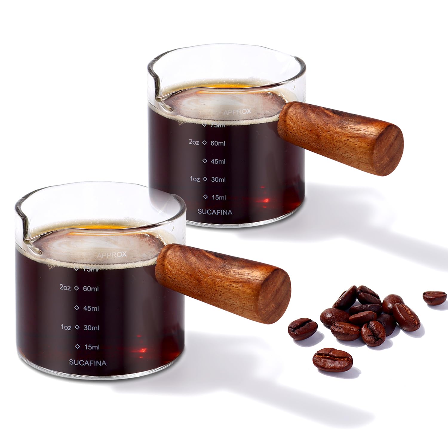 2 Pack Espresso Shot Glass, Espresso Cups with Wood Handle, 3.5 OZ Double Spouts Measuring with Dual Scale, Clear Glass Espresso Accessories, Milk Frothing Pitcher