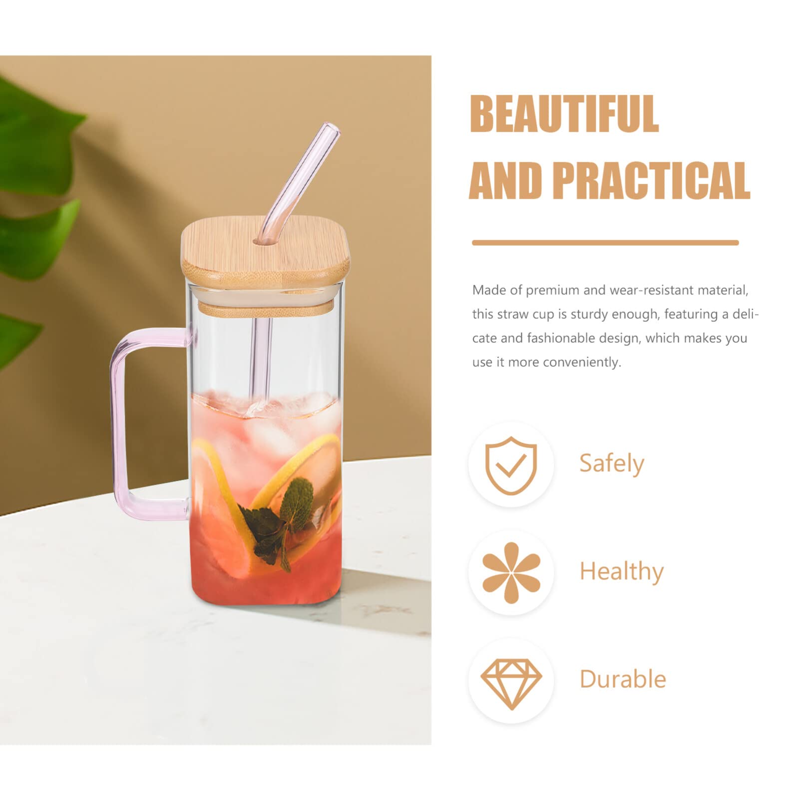 Luxshiny Tazas rectangulares de vidrio con pajilla con tapas, vasos cuadrados con asa, tapa de bambú, vasos de café helado transparentes para el hogar, accesorios de cocina, botella de agua rosa