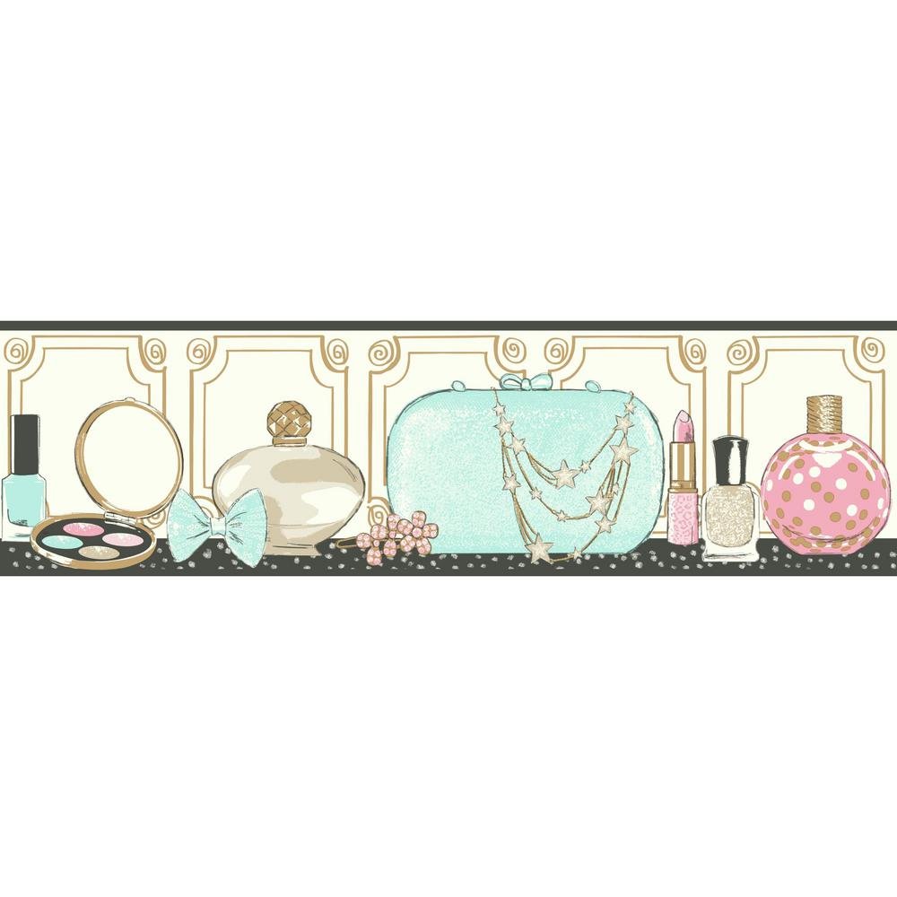 York Wallcoverings Growing Up Kids Glitz and Gla Removable Wallpaper Border Aqua, White, Pink, Black, Gold