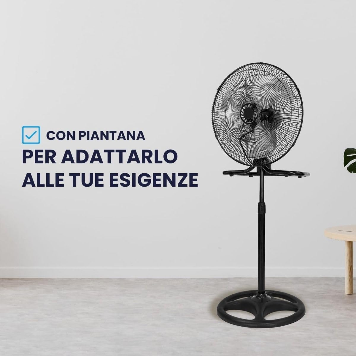 Johnson Triplo Ventilatore 3 in 1 da Piantana, Tavolo e Parete, 43 cm, Oscillante, Metallo, Elettrico, 3 Velocità, 120 cm Altezza, Inclinazione Regolabile