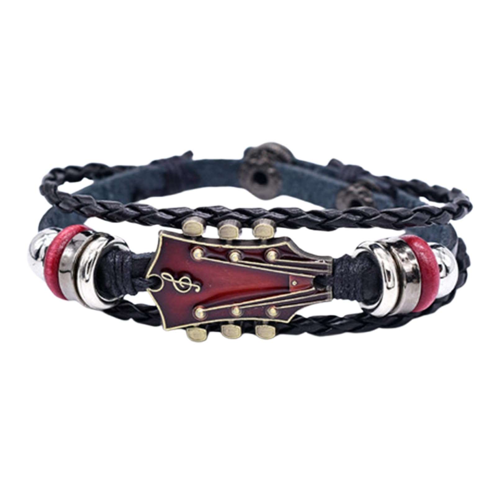 Luojuny Braided Guitar Bracelet Zinc Alloy Adjustable Buckle Manual Woven Faux Leather 3-layered Punk Retro Wrist Jewelry Red