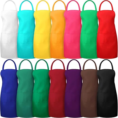 Jiuguva 14 delantales lisos a granel con 2 bolsillos para adultos, delantales de cocina comercial de colores mixtos para cocina, mujeres, hombres,