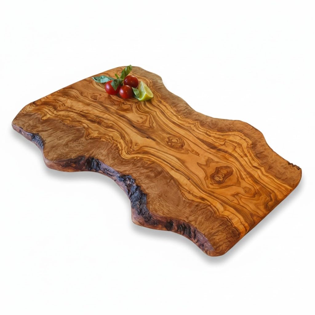 Handcrafted Live Edge Olive Wood Cutting Board | Unique Artisan Serving Board with Natural Grain & Knots | Ideal for Charcuterie Cheese Bread | Rustic Kitchen Decor & Gift (35 cm)