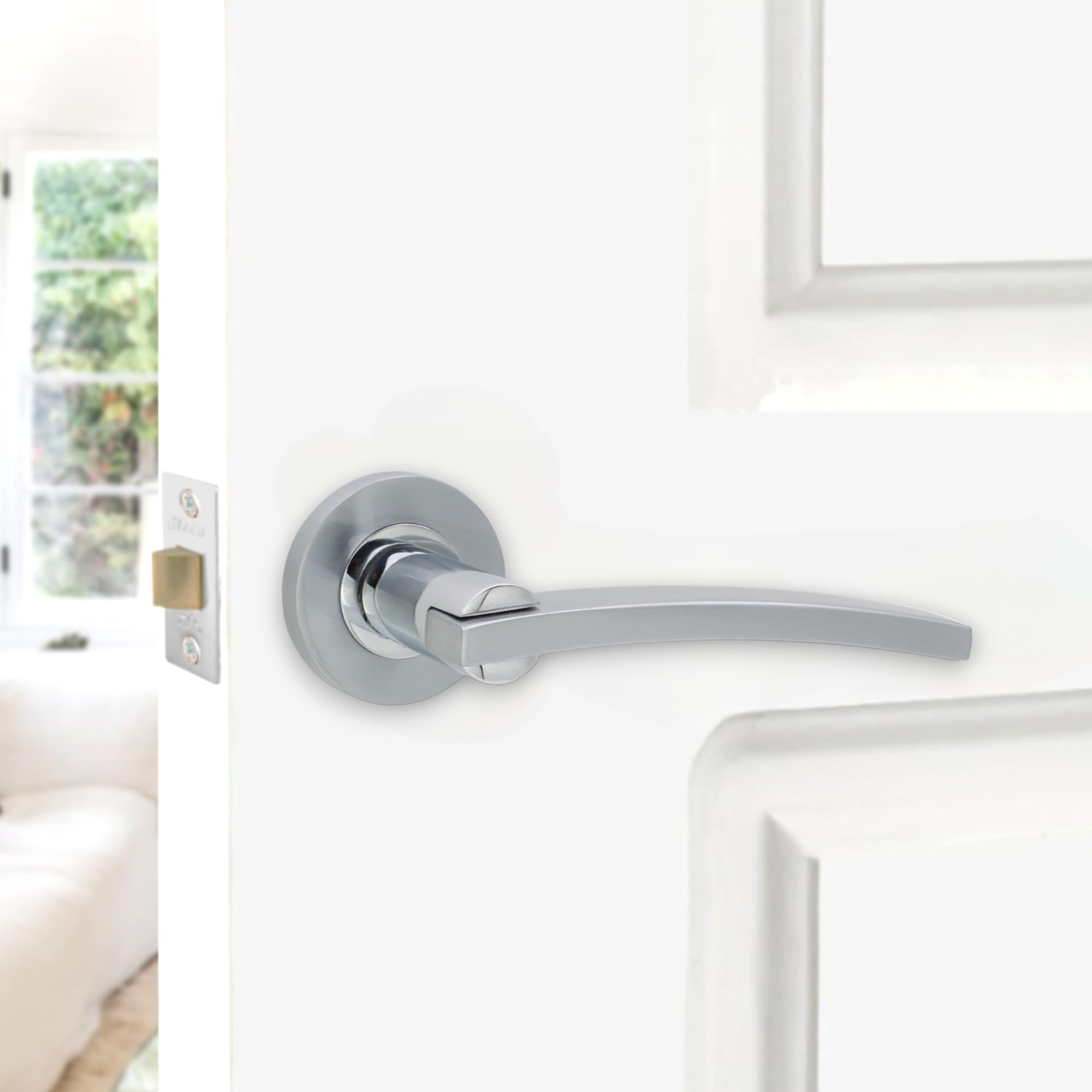 Door Handles Dual Tone Pair Of Modern Interior Straight Lever On Round Rose Set | UK - View #12