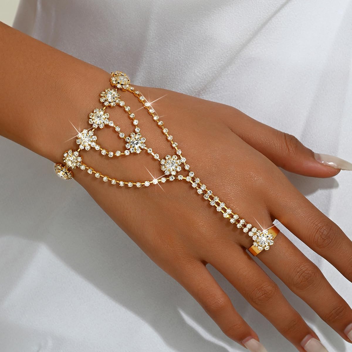 Rhinestone Flower Hand Chain Bracelet for Women Sparkling Crystal Bridal Wedding Hand Chain Ring Bracelet Elegant Cubic Zirconia Tassel Wrist Bracelets Bridal Wedding Bridesmaids Party Jewelry - Image 3