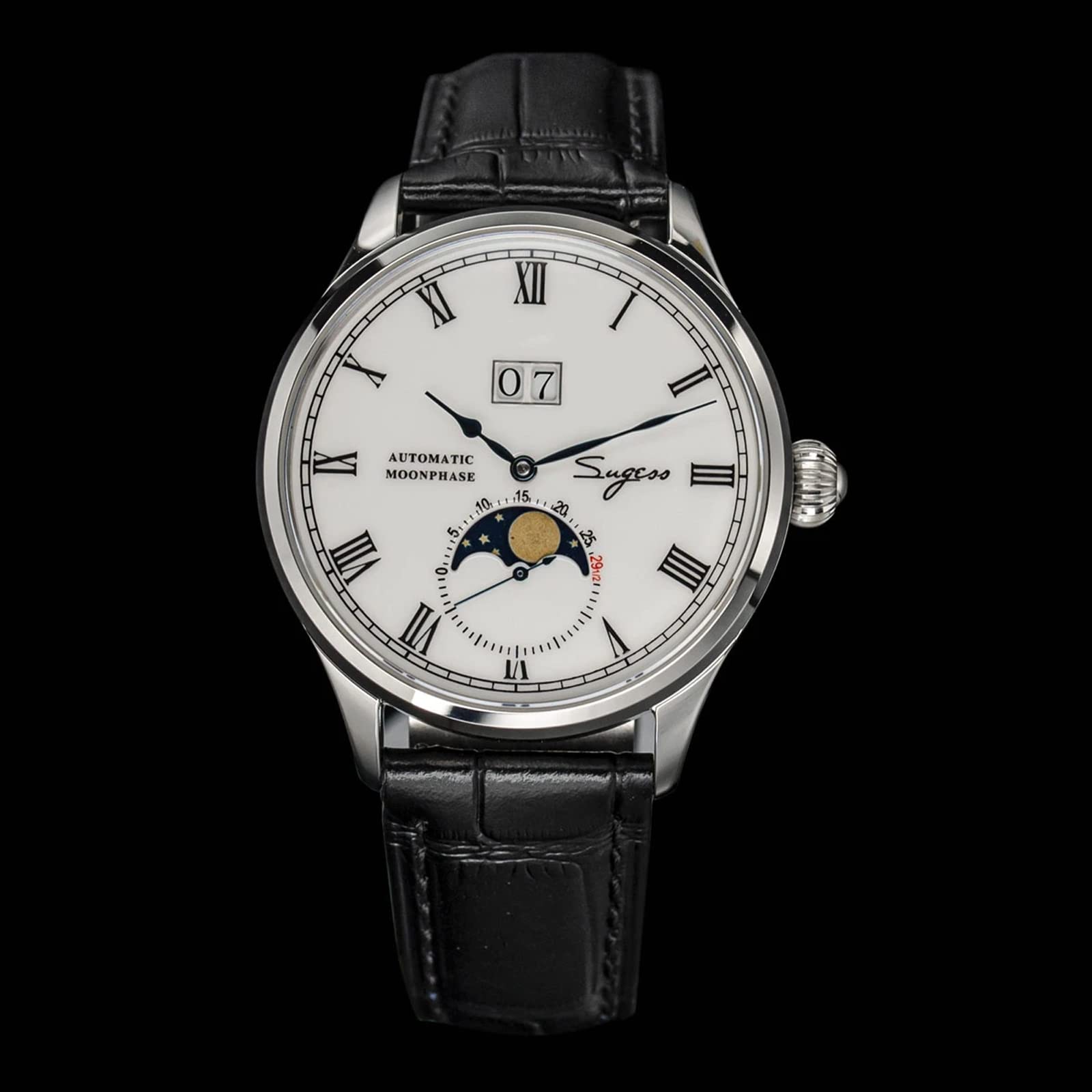 Sugess SU2528SS MoonPhase Master Seagull ST2528 Movimiento zafiro cristal reloj mecánico automático de los hombres 1963, negro, 41mm, Correa