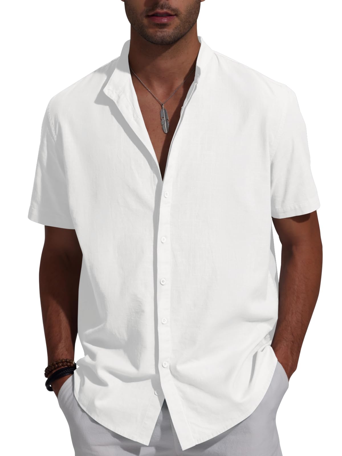 Friptspyg Leinenhemd Herren Kurzarm Baumwolle Leinen Hemd Freizeit Sommerhemd Button-Down Strandhemd