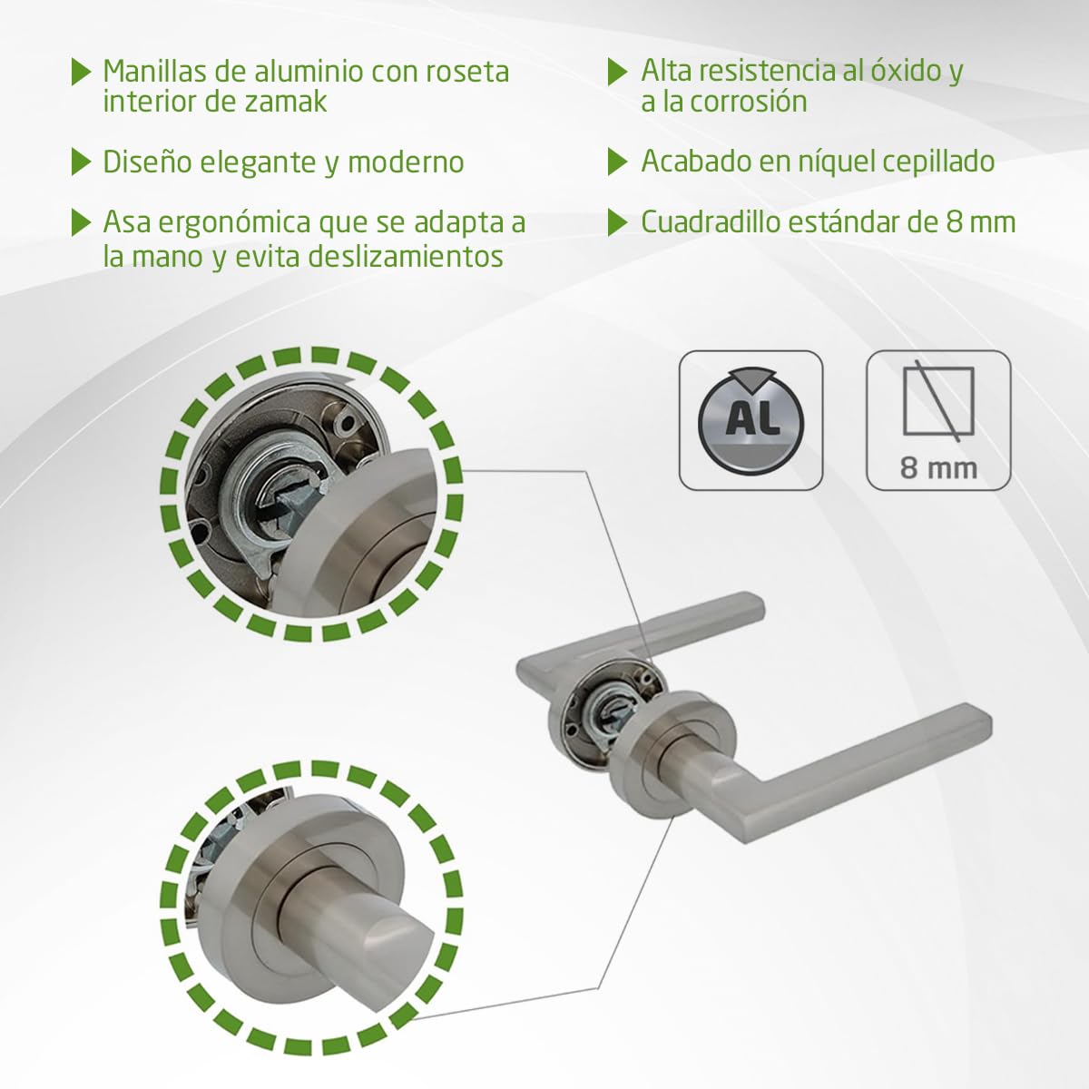 Amig - Pack de 4 Manillas con roseta Mod. MAI RX - Para puertas interiores - Cuadradillo 8 mm - Roseta de Ø52 mm de Zamak - Maneta de Aluminio - Acabado níquel cepillado