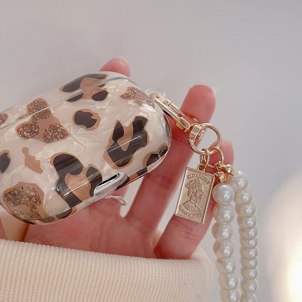 ZHIRUAN Compatible with Airpods 3rd Generation 2021 Case Cover with Pearl Keychain for Women Girl Airpods 3 Accessories for 3rd Generation AirPods Charging Case (Leopard)