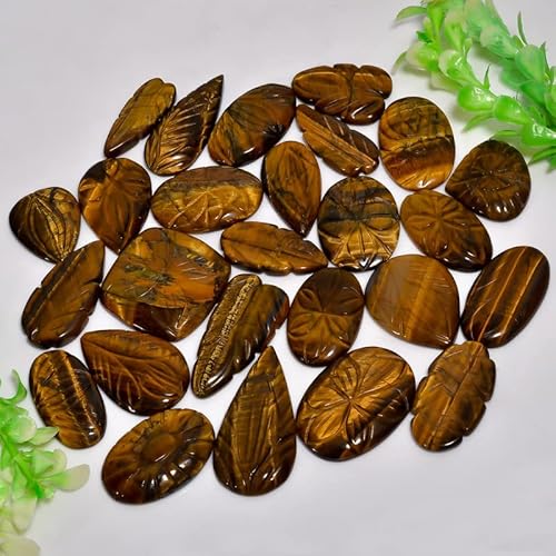 Damru™ 100 Cts (3 To 5 Pcs) Carving Tiger Eye Natural Flat Back Mix A+ Quality Loose Cabochon For Jewelry Making, Wire Wrapping, Diy, Healing Rings Crystals, Pendants, Wedding Gift #TOP4