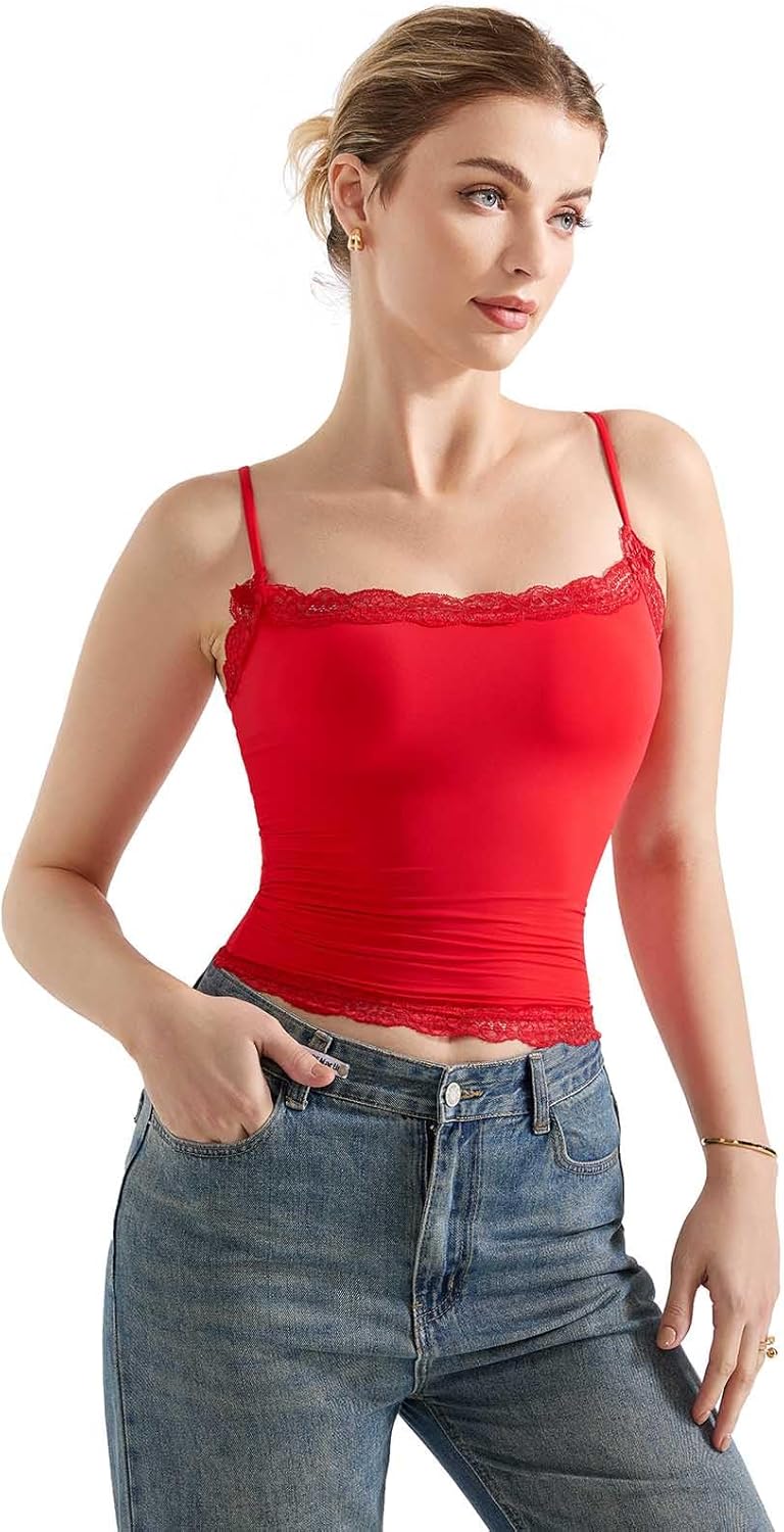 SUUKSESS Women Lace Double Lined Sexy Camisole Tops Spaghetti Strap Y2k Going Out Tank Tops (Dream Red, L) - Image 4