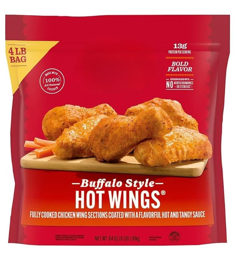 Frozen Fully Cooked Buffalo Style Hot Chicken Wings , Made with bone-in chicken and covered in spicy. With 15 grams of protein per serving, this protein-filled snack is sure to be a favorite at your next game day party, spontaneous get-together or after school feeding frenzy. Fully cooked and ready-to-eat, simply prepare these delicious chicken wings in an oven or microwave and serve with ranch for a flavorful appetizer everyone will love. [ 64 OZ , 4 LB ]