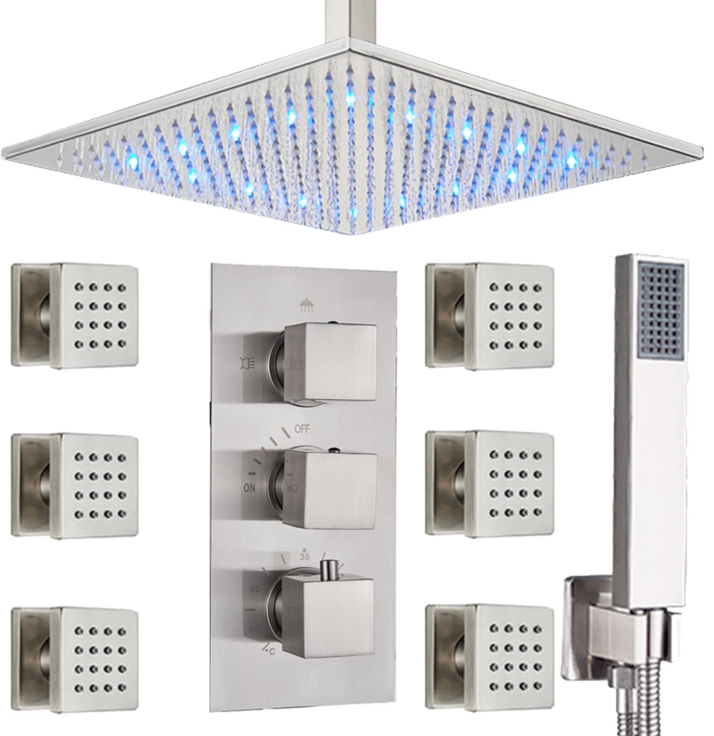 Photo 1 of  Brushed Nickel Shower System,12 Inch Ceiling LED Rain Shower Head 6 Body Sprays with Hand Shower FaucetBrass Valve
